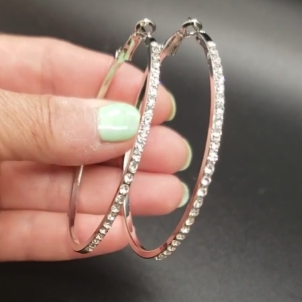 I'll Try & Restock Silver Tone Rhinestone-encrusted Hoop Earrings - Picture 6 of 11